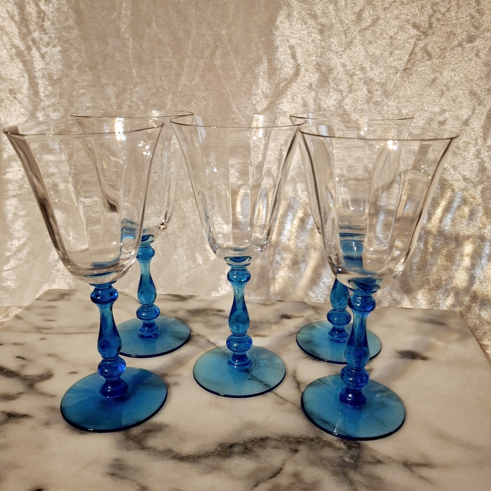 Five 15001 Tiffin Franciscan Crystal Wine Glasses Blue Stem